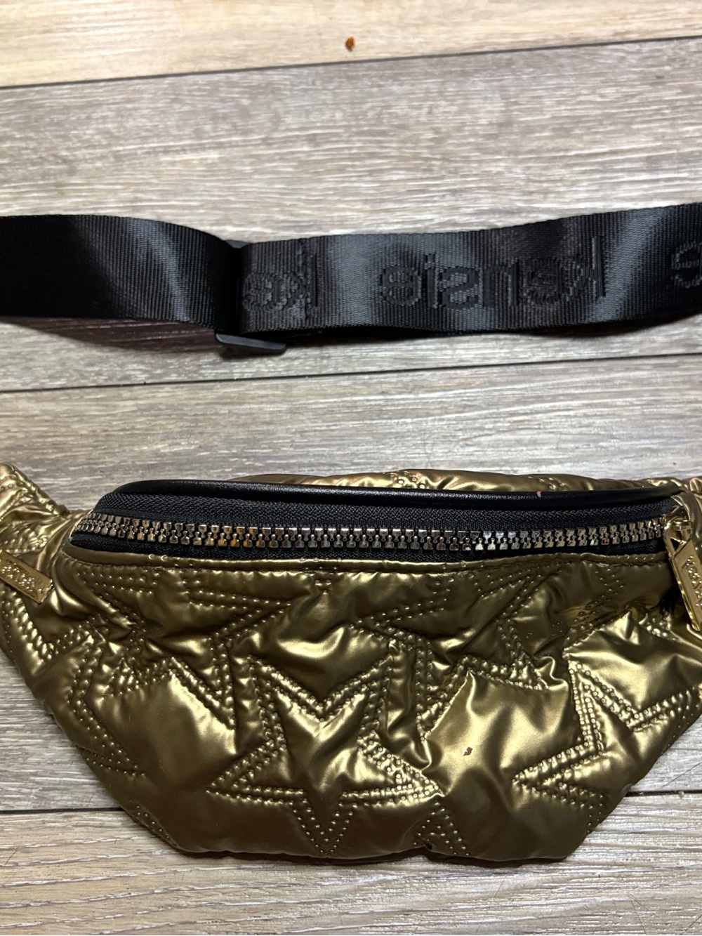 Kenzie Metallic Gold Quilted Star Waist Bag with Black Logo Strap